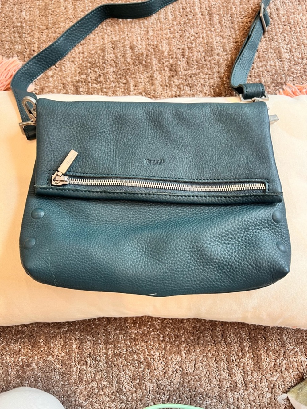 Hammitt VIP Medium Fold-Over Teal Green Studded Crossbody Bag. EUC with flaw